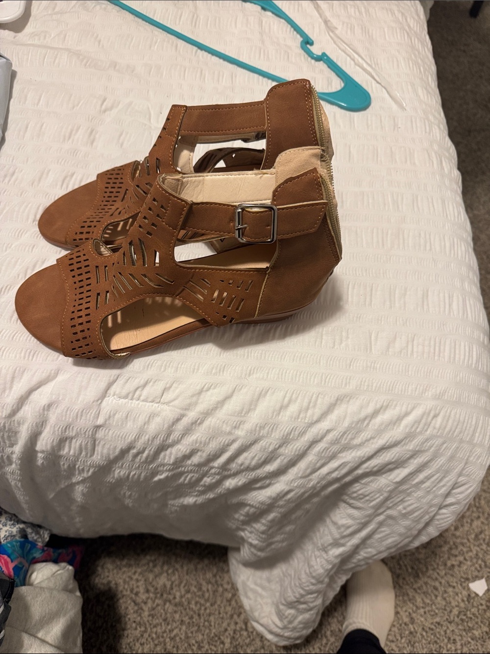 SHEIN Tan Brown Laser-Cut Wedge Sandals with Buckle. Worn once